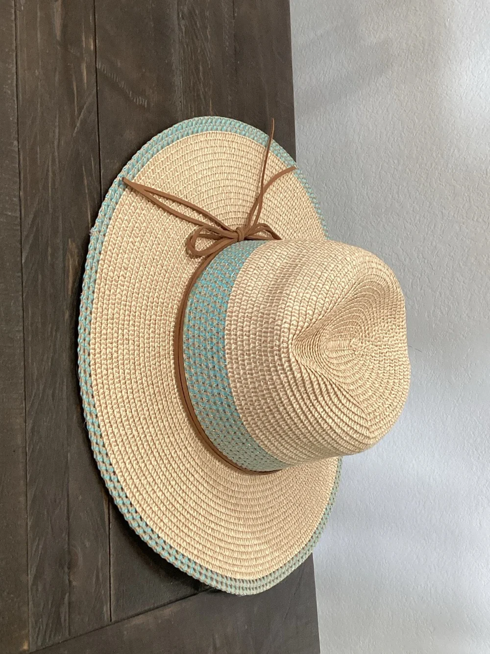 Wide-Brim Straw Sun Hat with Light Blue Trim and Brown Tie